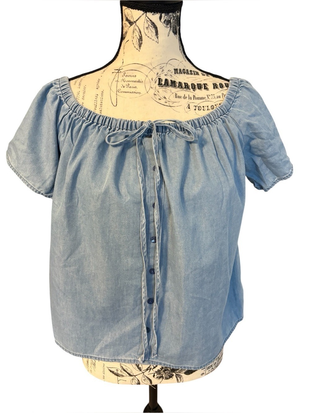 Express off Shoulder Chambray Top Tie & Button Accent Blue Size M